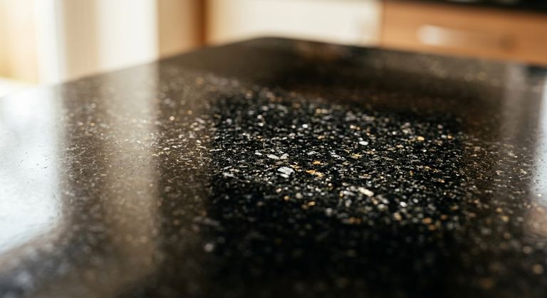 Speckled black granite countertop close-up